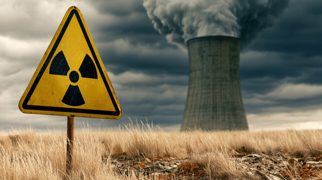 Nuclear power plant cooling tower with yellow radiation warning sign outdoors

