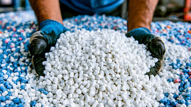Hands in gloves holding heap of white plastic raw materials pellets

