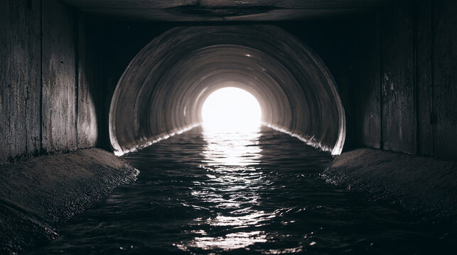 Dark concrete drainage pipe tunnel with bright light at the end

