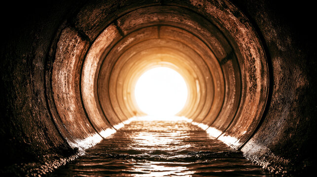 Dark concrete drainage pipe tunnel with bright light at the end

