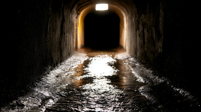 Dark concrete drainage pipe tunnel with bright light at the end

