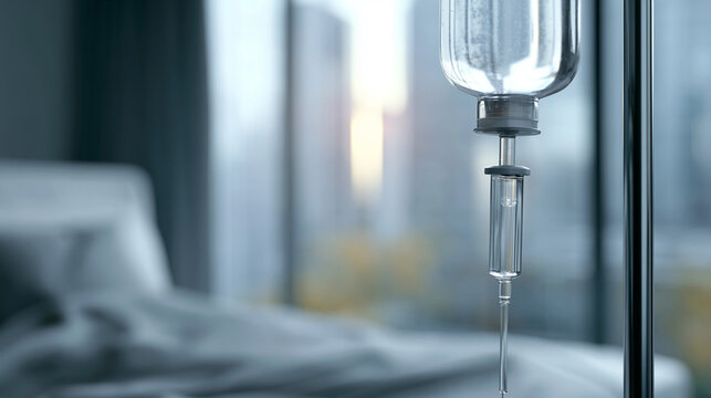 Medical saline bag hanging against blurred natural green outdoor background close up

