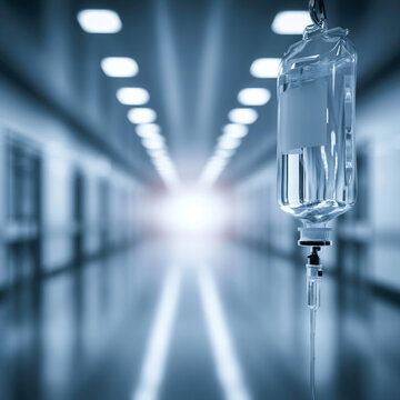 Medical saline bag hanging against blurred natural green outdoor background close up

