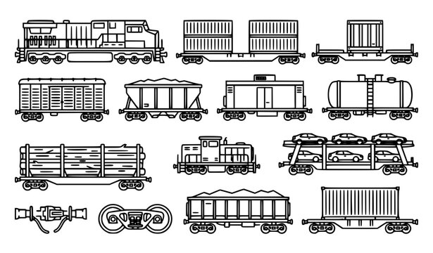 Cargo Freight Train and Railway Wagon Thin Line Editable Vector Icon Collection