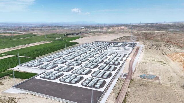 Aerial view of large outdoor energy storage power station facility