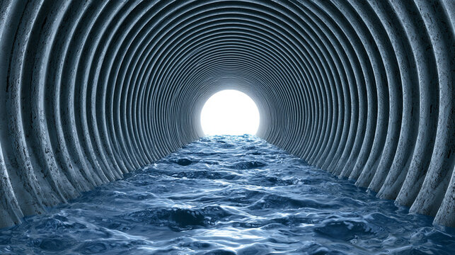 Dark concrete drainage pipe tunnel with bright light at the end
