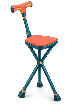 A folding walking stick that opens into a small tripod seat with three legs, isolated on white