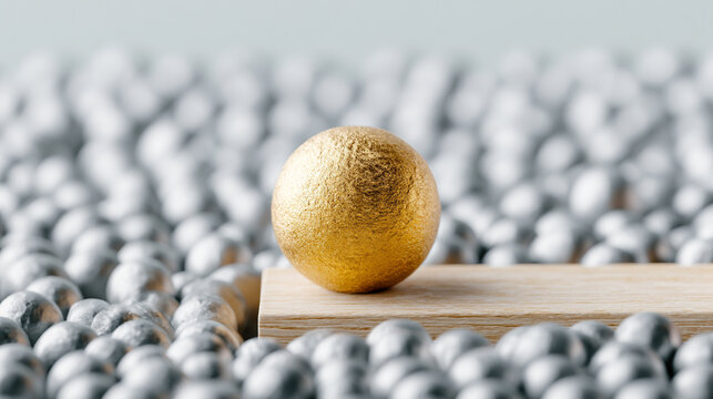 Golden sphere balancing on wooden seesaw board over blurred metal balls

