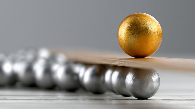 Large golden sphere balancing multiple small silver spheres on wooden lever

