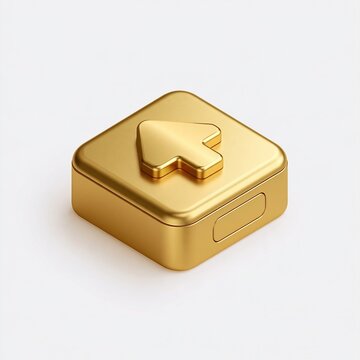 Minimal 3d rendered golden square box with rounded corner and raised up arrow symbol on plain light gray background modern upload direction and growth concept