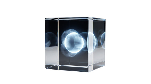 Futuristic crystal cube with glowing energy sphere, glass block with holographic light effect, modern science trophy isolated PNG with Transparent Background