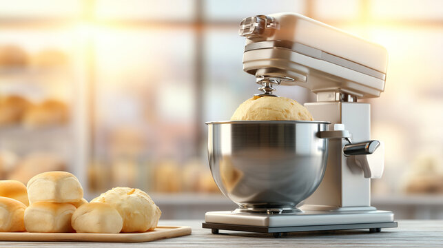 Commercial Electric Stand Mixer Kneading Raw Dough Ball In Bakery Kitchen Setting
 