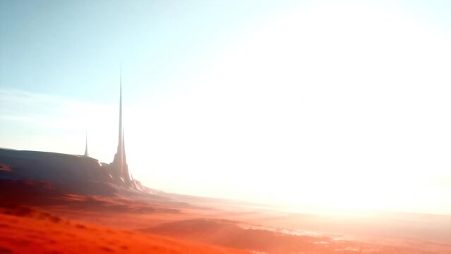 Futuristic alien landscape with tall sharp spire towers standing on red desert plain under bright hazy sunlight science fiction exploration concept of mars colonization