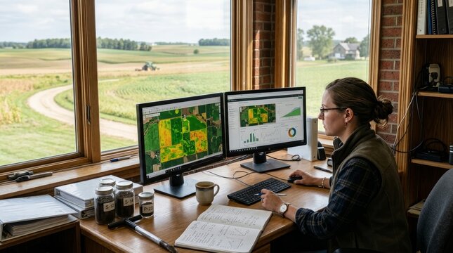 Woman Reviewing Crop Data on Dual Screens in Farm Office