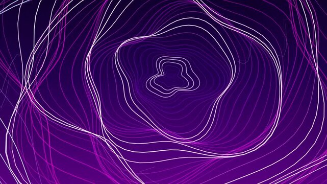 An abstract 3D digital background with flowing, pulsating concentric line patterns in shades of purple and white that create a hypnotic tunnel animation.