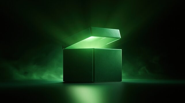 Open green gift box with glowing bright green light coming out on dark smoky background representing surprise mystery and opening new opportunity concept