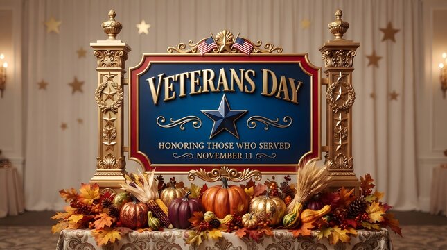 Veterans day sign with autumn harvest decorations and pumpkins on a table