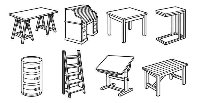 Minimalist furniture line icons, set of 8 office desk and table vectors, modern workspace interior elements, black and white home decor illustrations