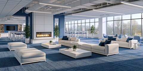 Obraz premium Modern Office Lounge with Fireplace, Sofas, and Panoramic Windows Offering Natural Light