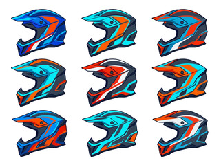 Fototapeta premium Full face motocross and downhill mountain bike helmets in various colors, vector icons on white background