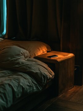 Cozy dark bedroom at night with rumpled unmade bed and smartphone resting on warm lit solid wooden nightstand showing quiet modern bedroom interior space