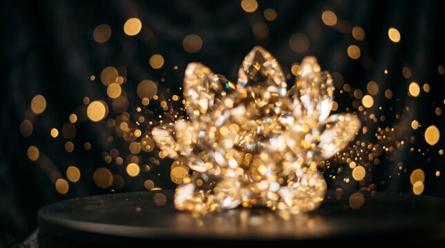 A sparkling cluster of golden crystals illuminated against a dark background with soft glowing bokeh lights
