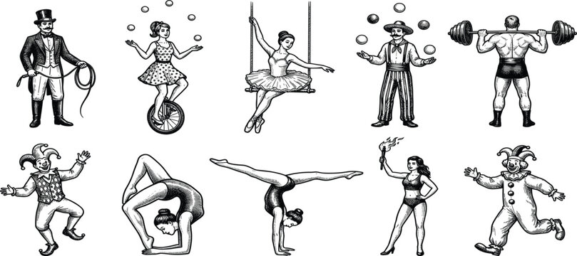 Vintage Circus Performers and Retro Carnival Acrobats Engraving Vector Set