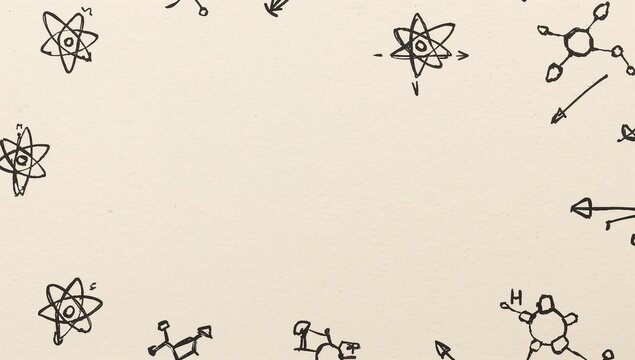 Atomic and molecular symbols drawing on light beige background, science illustration