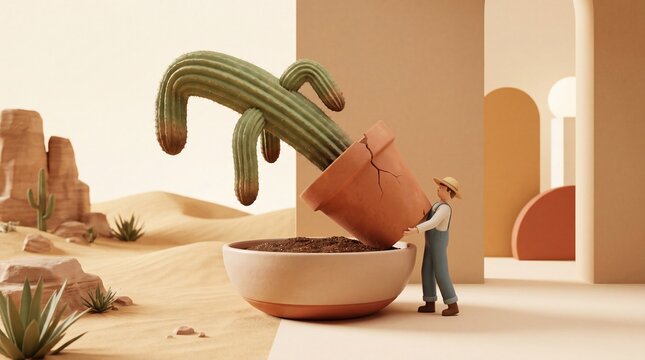 Tiny person repotting giant cactus in minimal desert landscape for gardening purpose