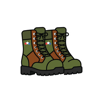 Vector illustration of pair of military combat boots with green and brown leather design and small star accents
