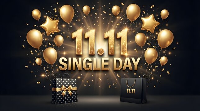 1111 single day shopping festival background with golden balloons, confetti, and shopping bags