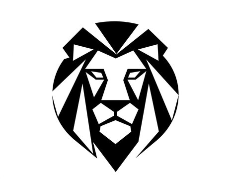 Bold geometric lion head design. Black and white contrast creates striking visual impact. Iconic symbol of strength and courage. Perfect for branding or logo purposes. Suitable for business, sports