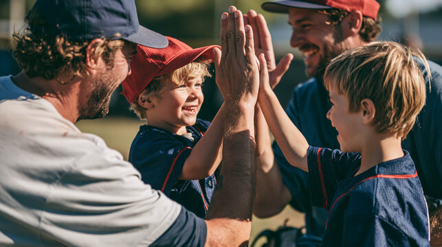 High five between dad and his youngest son after a baseball game. Horizontal with copy space. Dad and boys are wearing sports clothes in blue tones.
