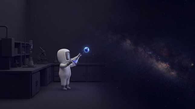 scientist releasing glowing planet in laboratory with cosmic background and high fidelity detail