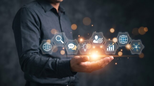 Businessman Holding Digital Growth Marketing Icons Concept for Corporate Innovation Technology Background Web Banner Header Presentation Slide