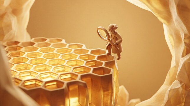 Tiny scientist studying giant honeycomb cell with magnifying glass in abstract setting