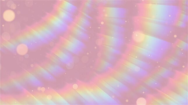 Abstract pink holographic light refraction background with prismatic rainbow rays and glittering bokeh