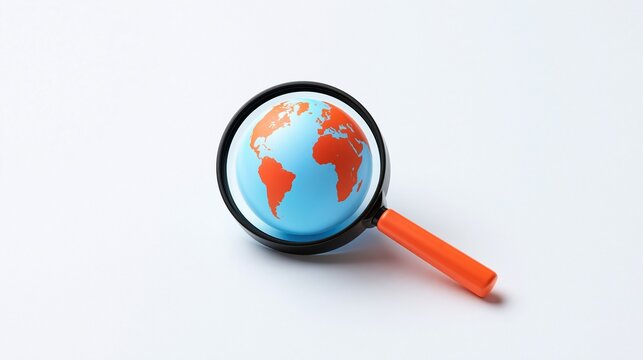 Orange handled magnifying glass magnifying blue globe with orange continents on plain white background representing global research search and international business