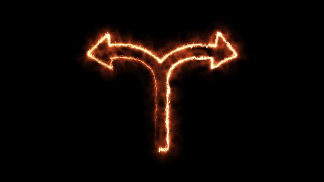 fiery neon split direction arrow animation with glowing curved navigation paths and dynamic light effect.