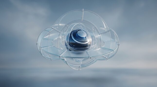 Futuristic floating technology device, transparent glass dome structure, blue glowing core, sci-fi concept art, abstract digital rendering, high-tech gadget on sky background