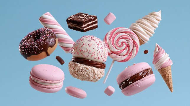 Assorted sweet colorful pink themed desserts including donuts macarons ice cream and lollipops floating in air on plain light blue background sweet candy food concept