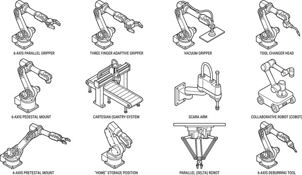 Advanced industrial automation robotic systems collection including collaborative cobots cartesian gantry manipulators and multi axis mechanical grippers