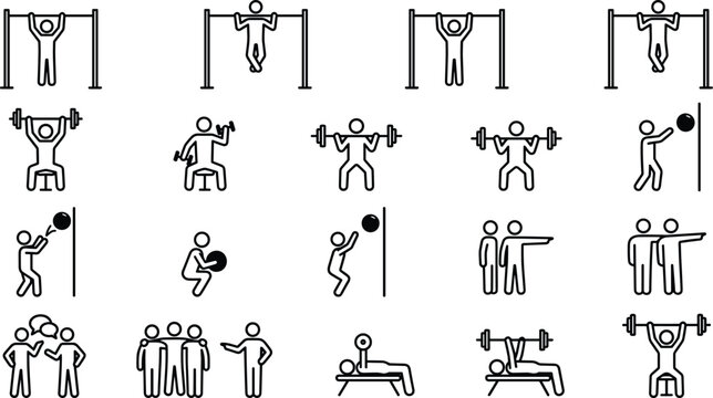 Bodybuilding crossfit gym strength training workout and athlete coaching guide linear stickman icons pack for fitness coaching