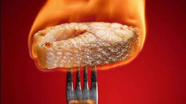 Flaming Piece of Cooked White Fish on a Fork with Red Background
