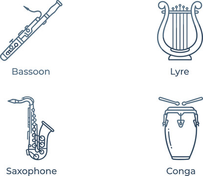Classical musical instruments line icons pack containing bassoon lyre saxophone and conga drum for orchestra audio education