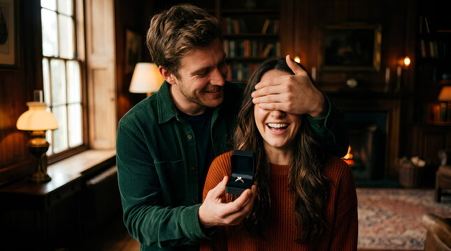 Young man surprising his excited girlfriend by covering her eyes with his hands and holding an open box with a diamond ring for a romantic marriage proposal in a cozy, warm-lit living room interior