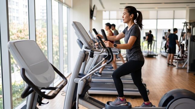 Middle-aged Asian woman exercising on an elliptical cross trainer in a modern bright fitness center gym with people working out in background.