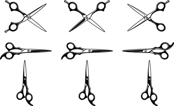 Professional barber salon hairdressing shears and grooming haircutting tools collection for hairstylist fashion studio layout graphics