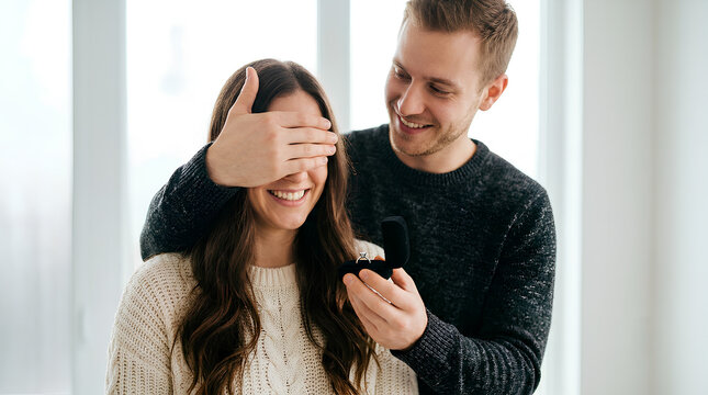 Young happy man surprising his smiling girlfriend by covering her eyes with one hand while holding an open black engagement ring box during a romantic marriage proposal indoors near a bright window