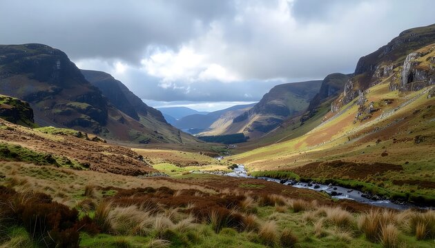 Scenic valley with rolling hills and winding river under cloudy sky